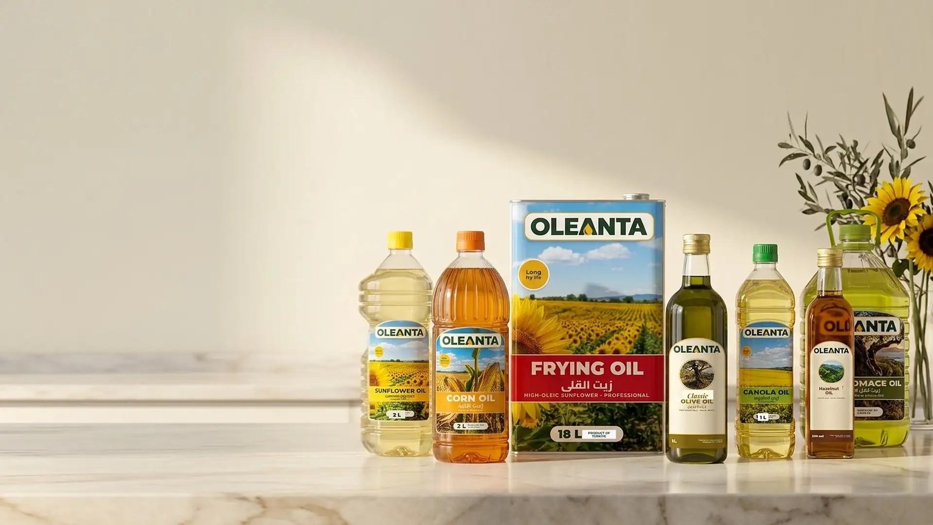 The Oleanta range of eight oils on a marble kitchen counter